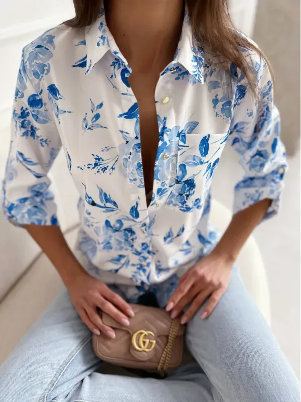 Summer Women Fashion Floral Print Lapel Long Sleeve Shirt - Image 15