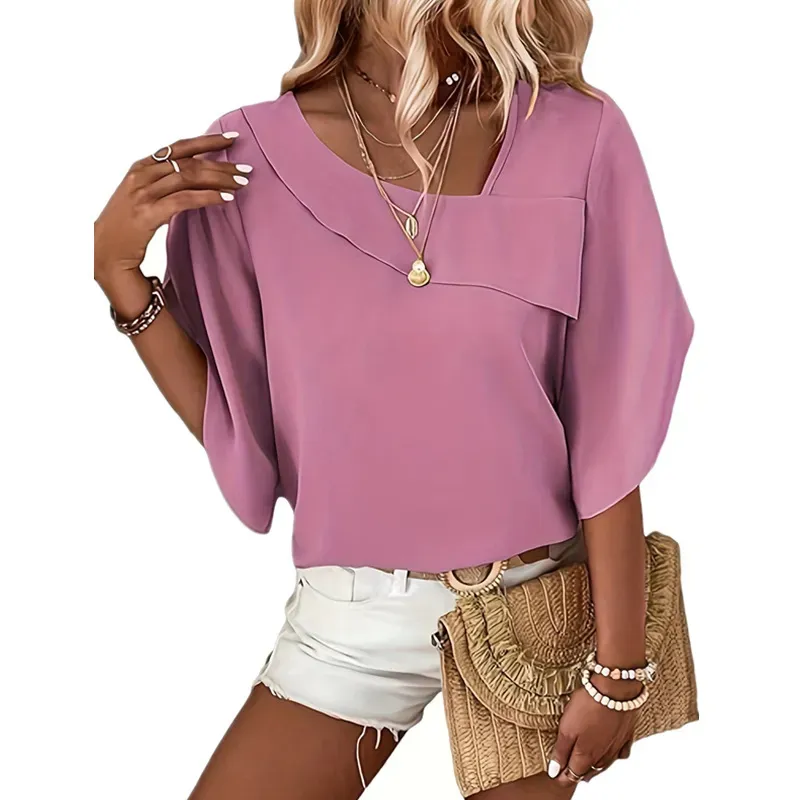 Summer Women Casual Solid Color Asymmetric Collar Shirt Top - Image 6