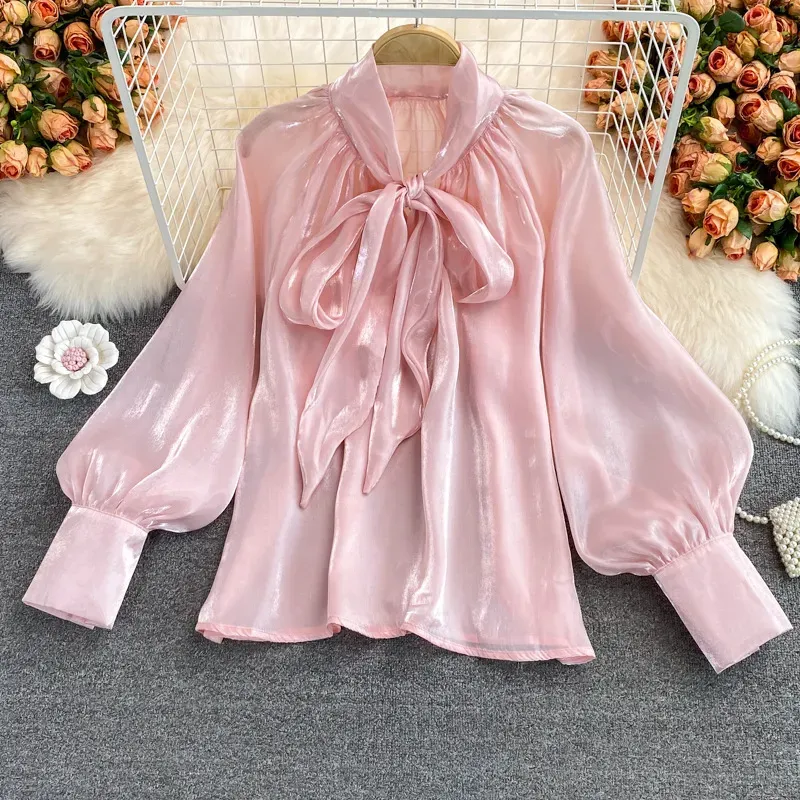 Women Fashion Bow Lace Long Sleeve Organza Shirt