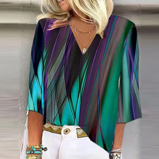 Women Fashion Colorful Geometric Floral Print V-Neck Shirt Top