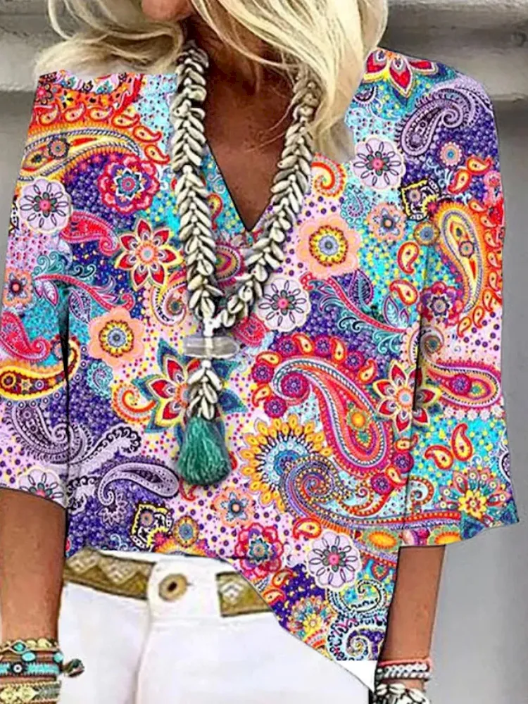 Women Fashion Colorful Geometric Floral Print V-Neck Shirt Top - Image 4