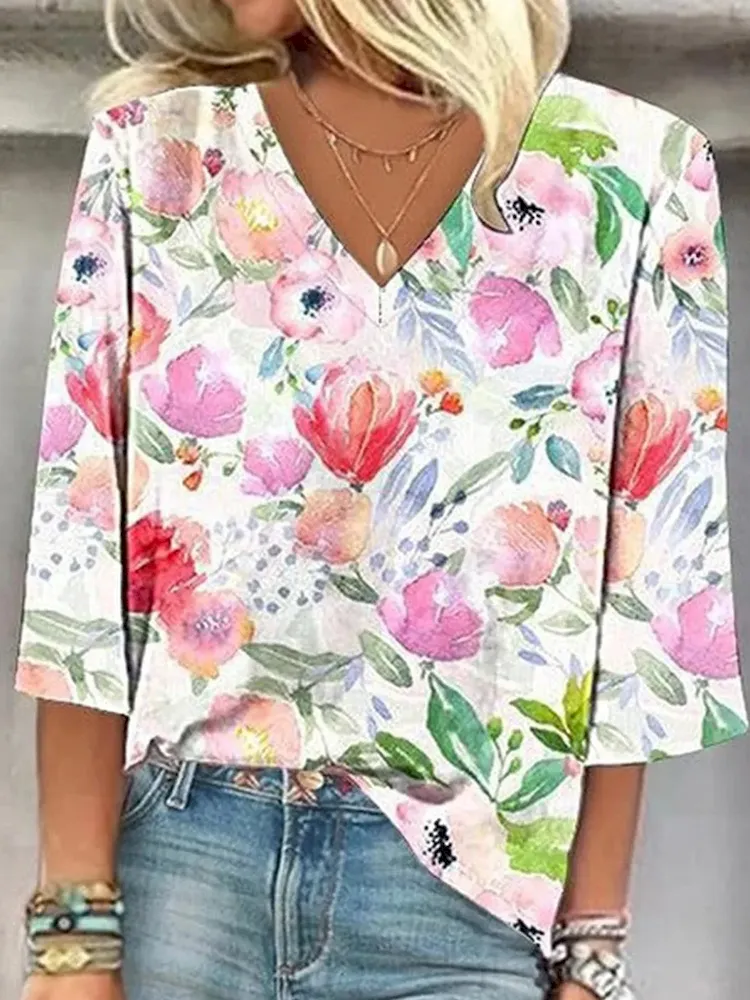 Women Fashion Colorful Geometric Floral Print V-Neck Shirt Top - Image 6