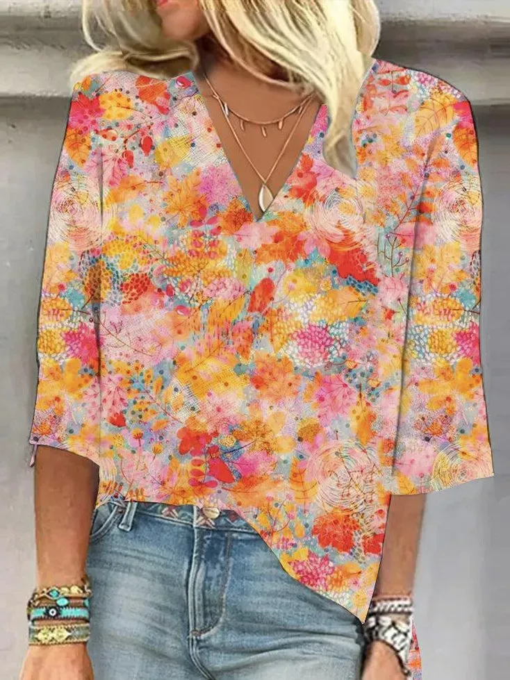 Women Fashion Colorful Geometric Floral Print V-Neck Shirt Top - Image 9