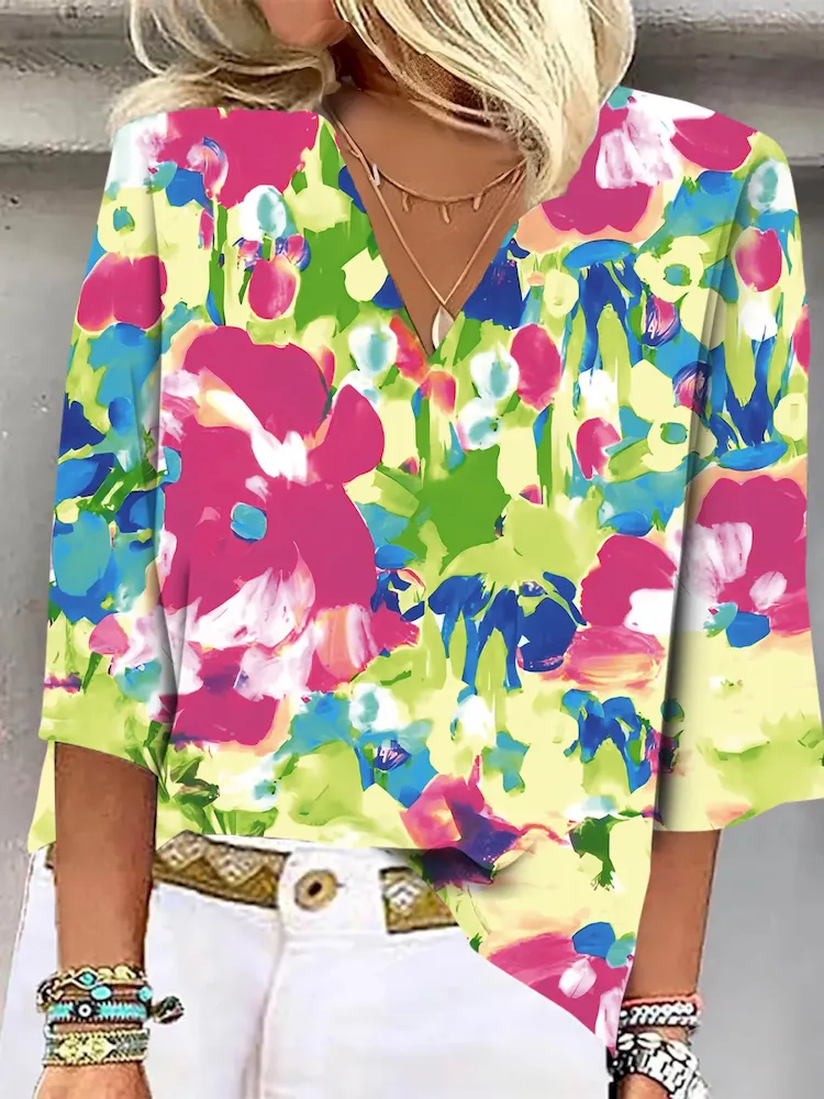 Women Fashion Colorful Geometric Floral Print V-Neck Shirt Top - Image 10