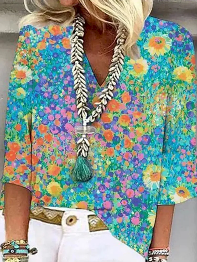 Women Fashion Colorful Geometric Floral Print V-Neck Shirt Top - Image 12