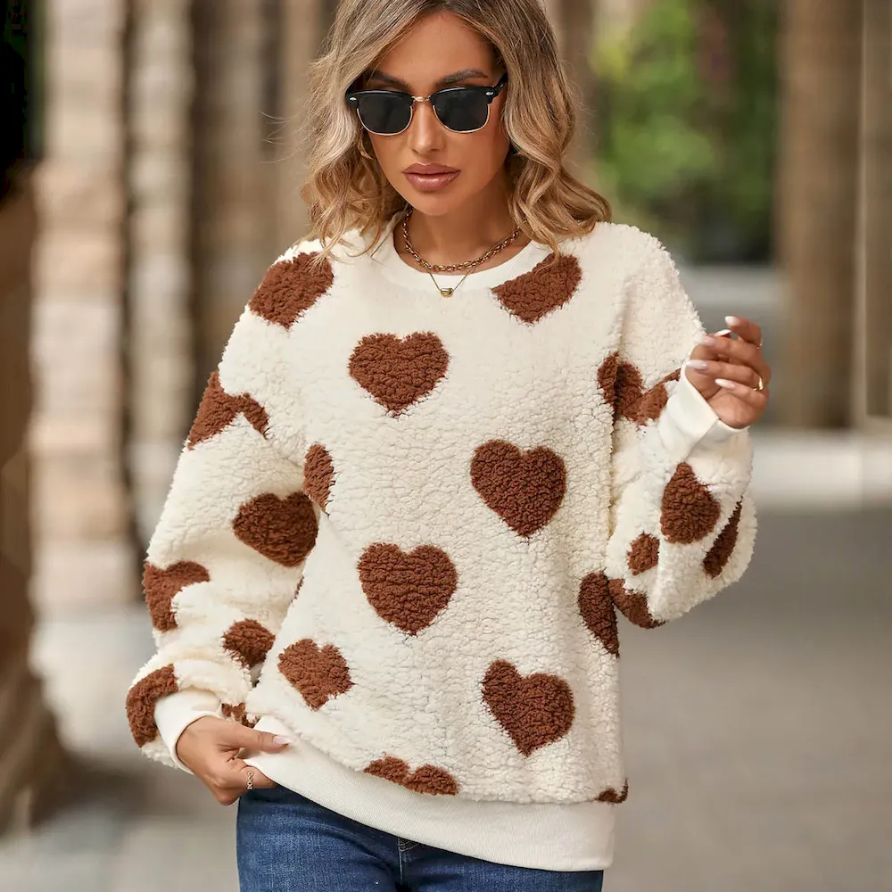 Autumn Winter Women Fashion Plush Heart-Shaped Printed Round Neck Long Sleeve Sweatshirt