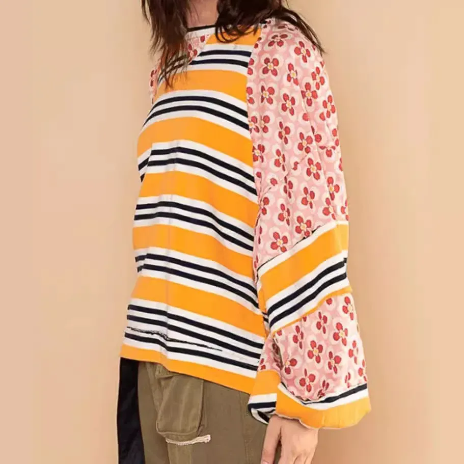 Autumn Winter Women Fashion Stripe Floral Printed Loose Round Neck Long Sleeve Sweatshirt - Image 3