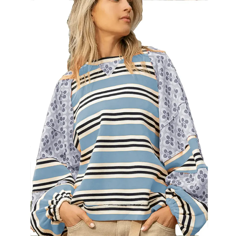Autumn Winter Women Fashion Stripe Floral Printed Loose Round Neck Long Sleeve Sweatshirt - Image 5