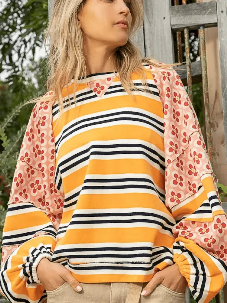 Autumn Winter Women Fashion Stripe Floral Printed Loose Round Neck Long Sleeve Sweatshirt - Image 8