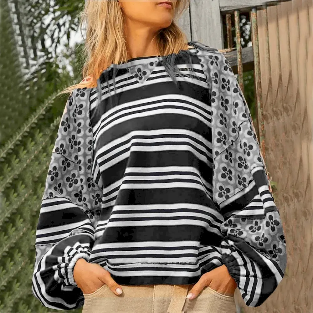 Autumn Winter Women Fashion Stripe Floral Printed Loose Round Neck Long Sleeve Sweatshirt - Image 10