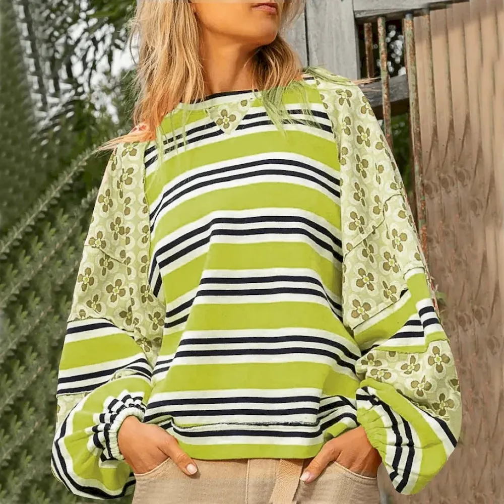 Autumn Winter Women Fashion Stripe Floral Printed Loose Round Neck Long Sleeve Sweatshirt - Image 12