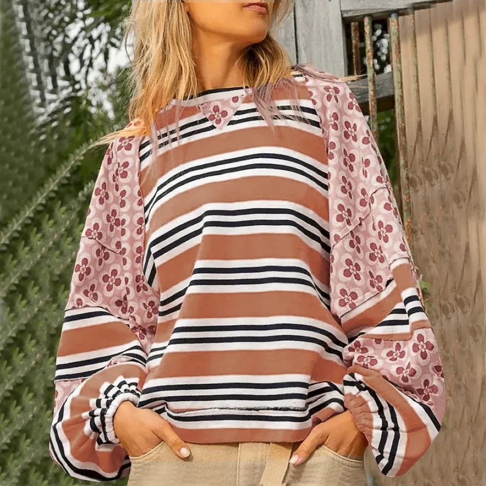 Autumn Winter Women Fashion Stripe Floral Printed Loose Round Neck Long Sleeve Sweatshirt - Image 13