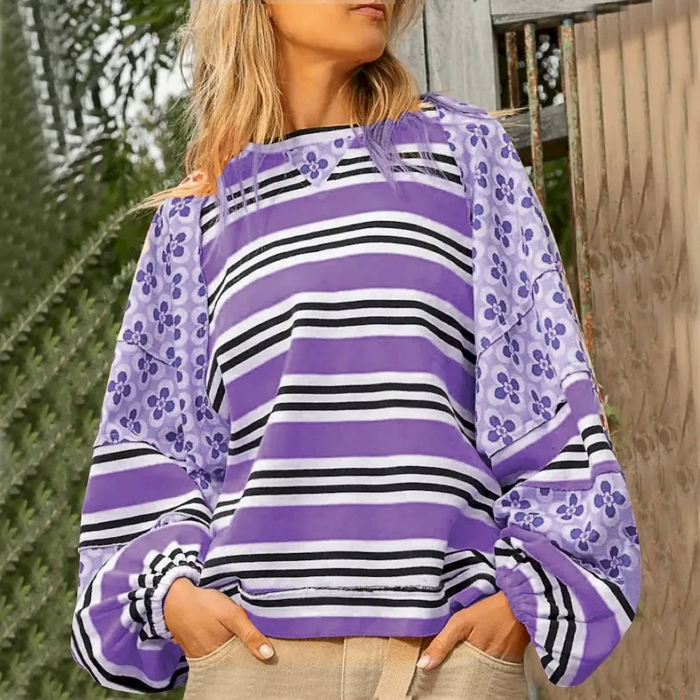 Autumn Winter Women Fashion Stripe Floral Printed Loose Round Neck Long Sleeve Sweatshirt - Image 14