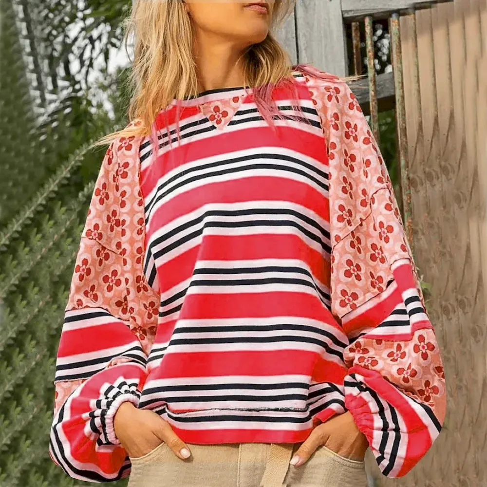 Autumn Winter Women Fashion Stripe Floral Printed Loose Round Neck Long Sleeve Sweatshirt - Image 15