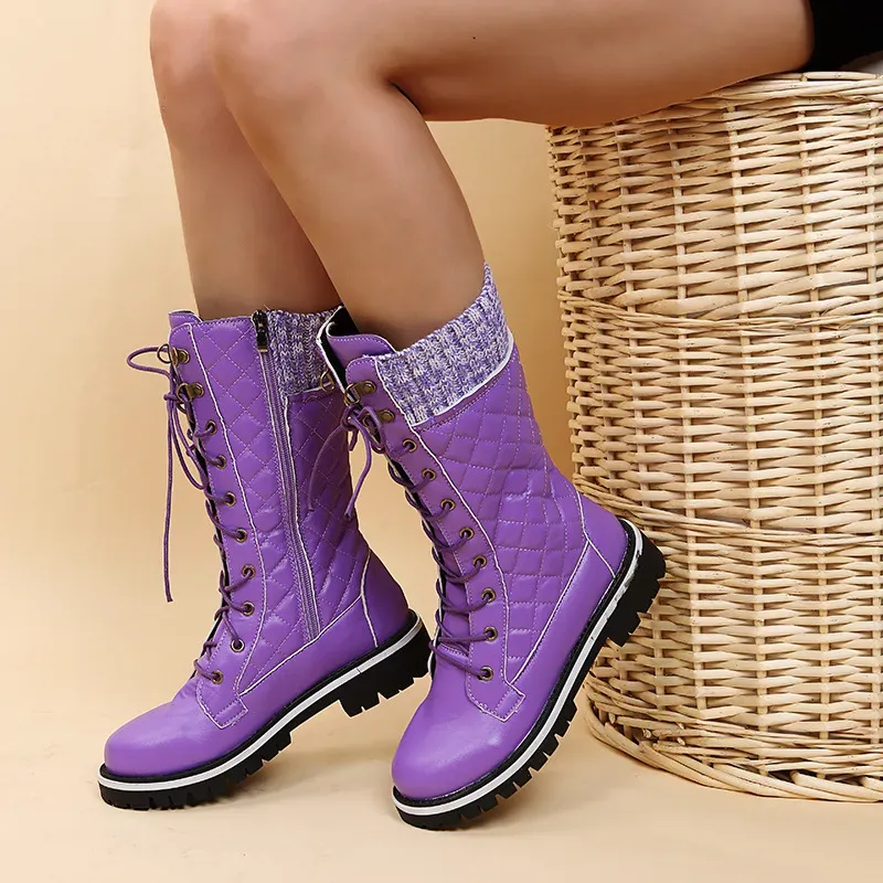 Autumn Winter Women Fashion Plus Size Strap Warm Side Zipper Mid-Calf Boots - Image 3