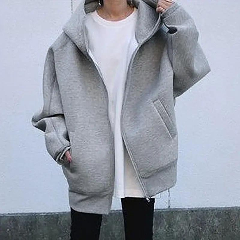 Autumn Winter Women Fashion Loose Fleece-Lined Zipper Long Sleeve Hoodie Jacket - Image 7
