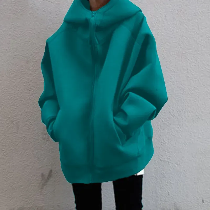 Autumn Winter Women Fashion Loose Fleece-Lined Zipper Long Sleeve Hoodie Jacket - Image 9