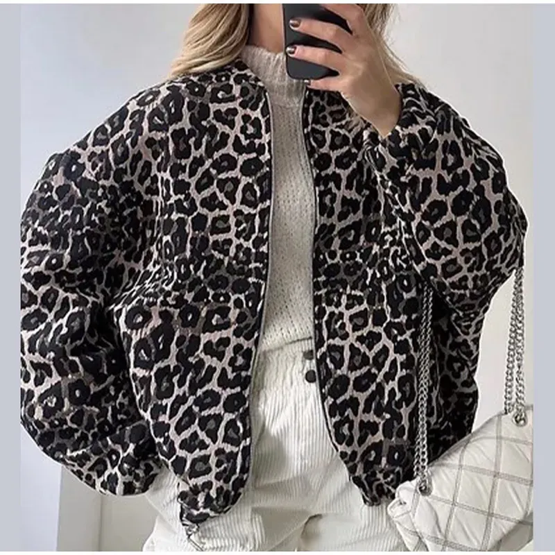 Autumn Winter Women Fashion Leopard Print Zipper Long Sleeve Jacket Coat - Image 6