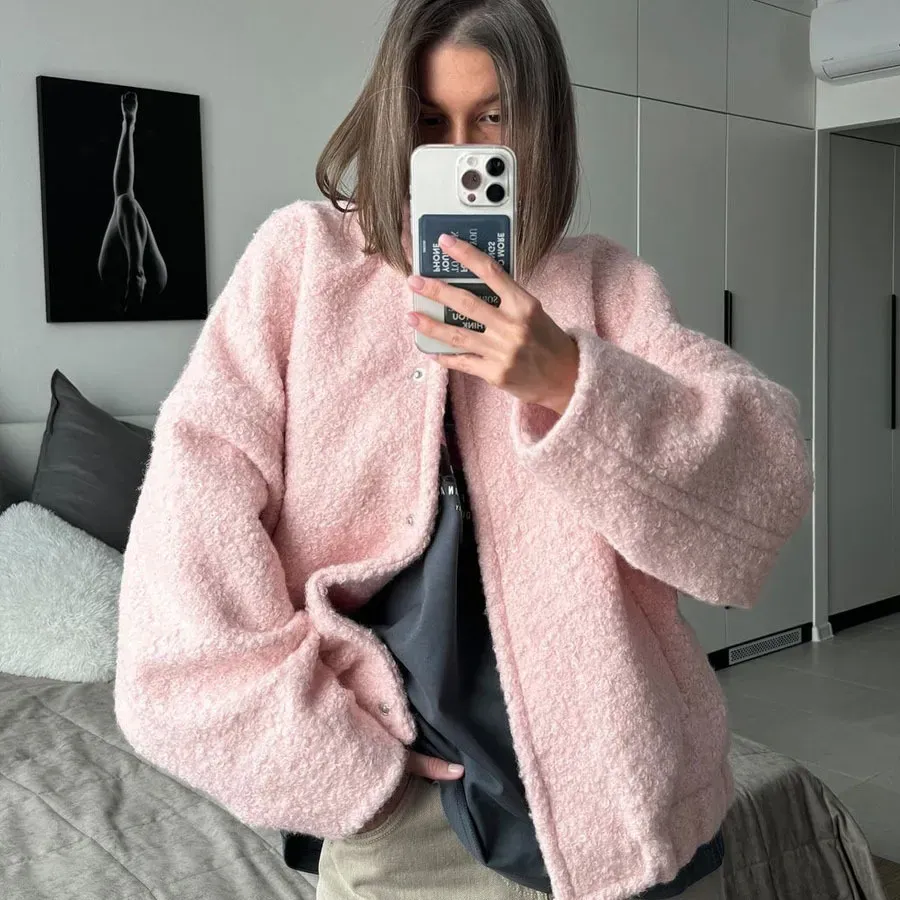 Autumn Winter Women Fashion Plush Stand Collar Long Sleeve Coat