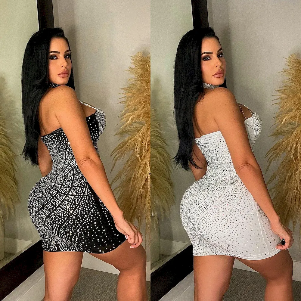 Women Fashion Sexy Tassel Rhinestone Halter Neck Tight Dress - Image 3