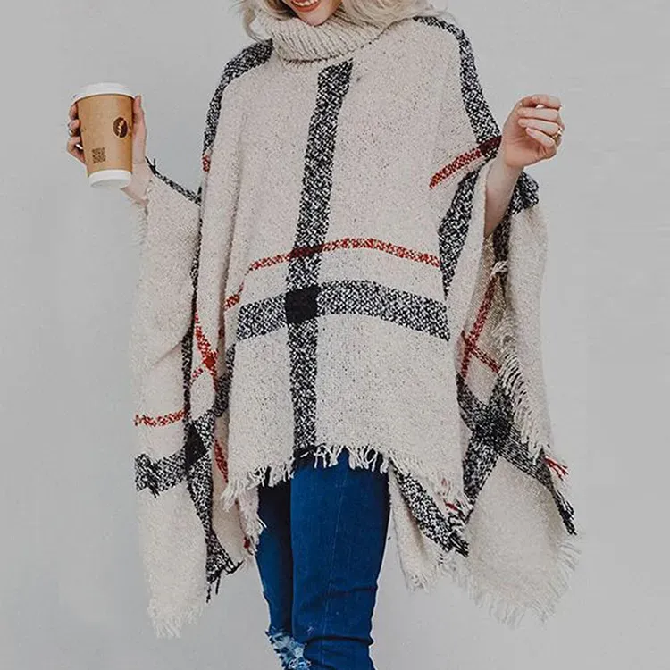 Autumn Winter Women Fashion High Collar Tassel Poncho Loose Knitted Top