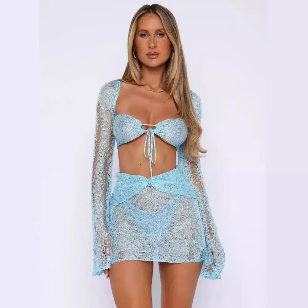 Summer Women Fashion Sexy Sequin Knitted Long-Sleeved Hollow Top Skirt Two-Piece Set - Image 6