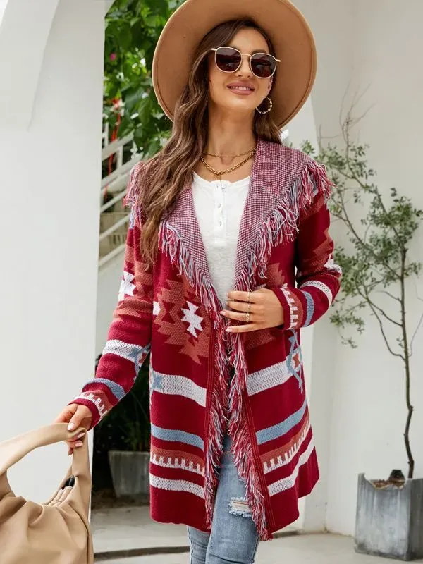 Western Vintage Women Autumn And Winter Loose Hooded Long Sweater Coat Tassel Geometric Jacquard Sweater Cardigan - Image 4