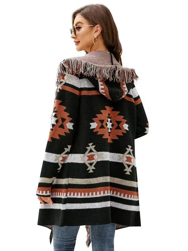 Western Vintage Women Autumn And Winter Loose Hooded Long Sweater Coat Tassel Geometric Jacquard Sweater Cardigan - Image 5