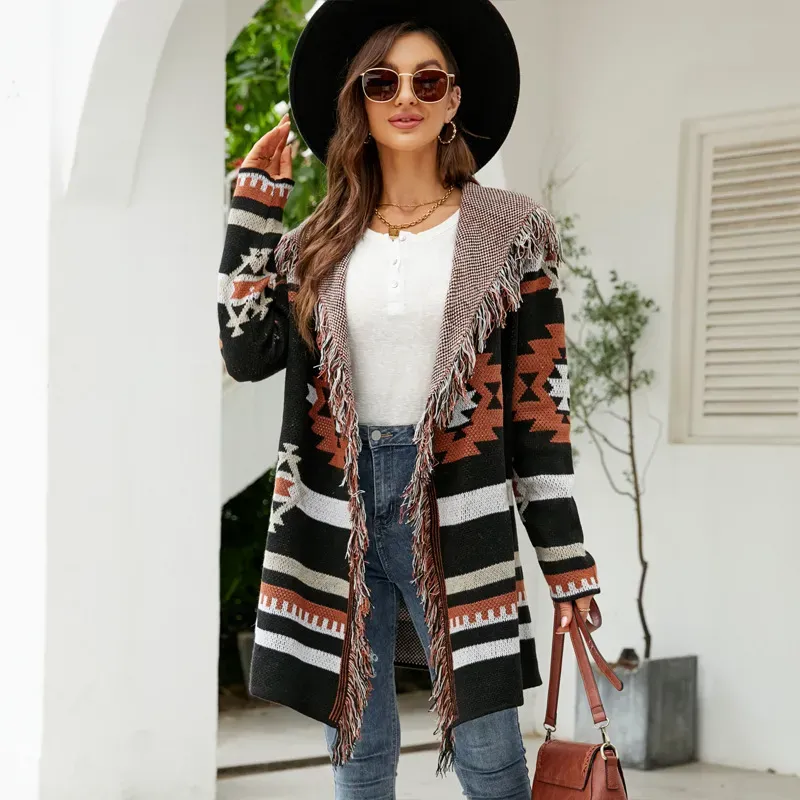 Western Vintage Women Autumn And Winter Loose Hooded Long Sweater Coat Tassel Geometric Jacquard Sweater Cardigan - Image 6