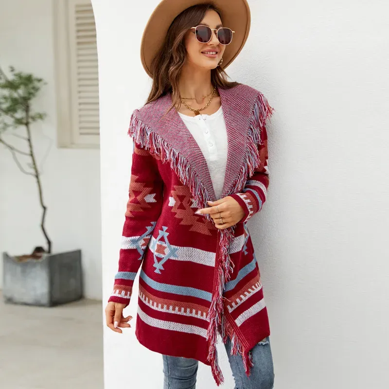 Western Vintage Women Autumn And Winter Loose Hooded Long Sweater Coat Tassel Geometric Jacquard Sweater Cardigan - Image 7