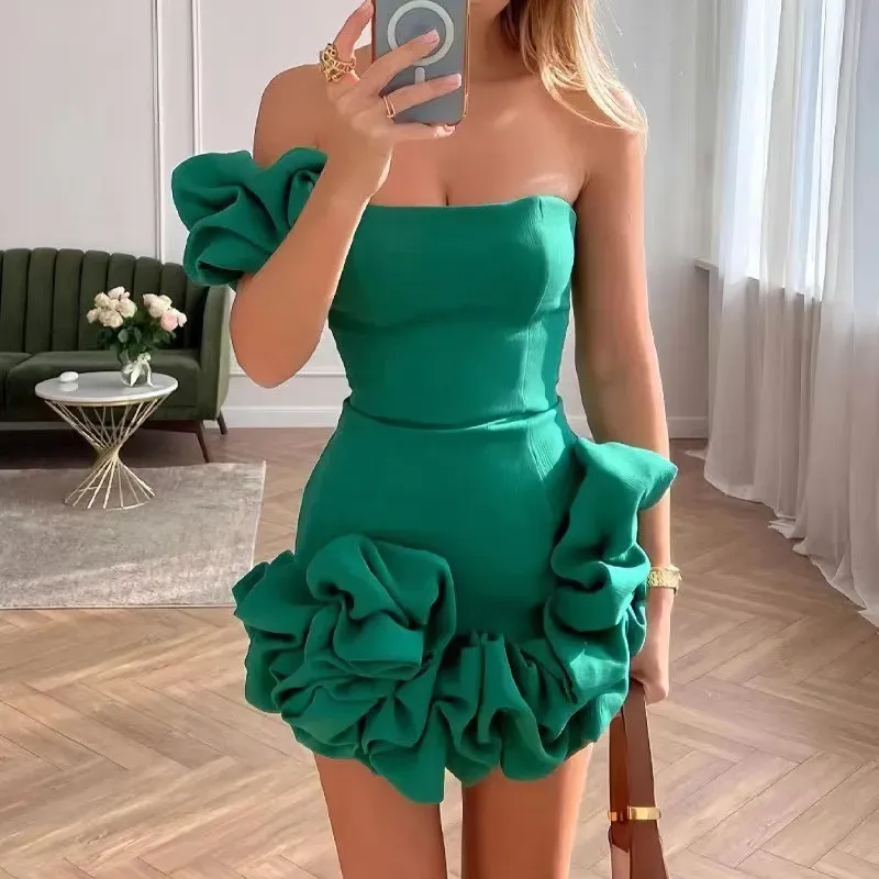 Summer Women Ruffled Flower Bud Tight Waist One-Shoulder Party Dress - Image 6