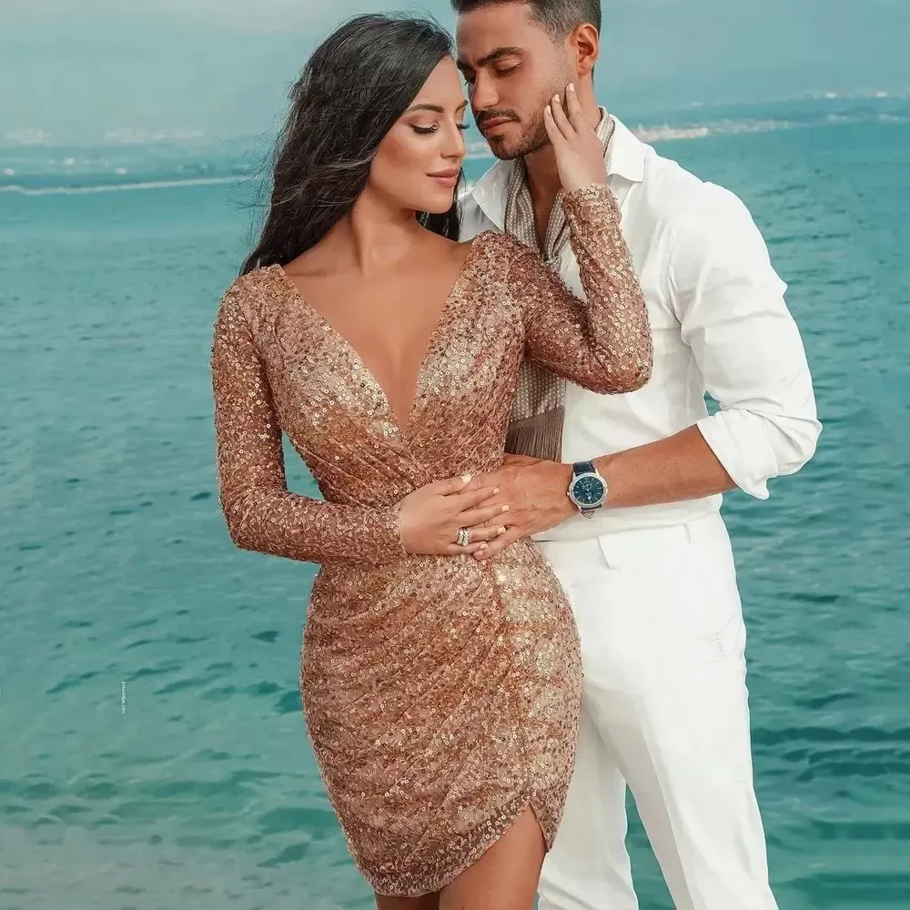 Women Sexy Deep V Long Sleeve Slim Irregular Hemline Party Sequin Dress