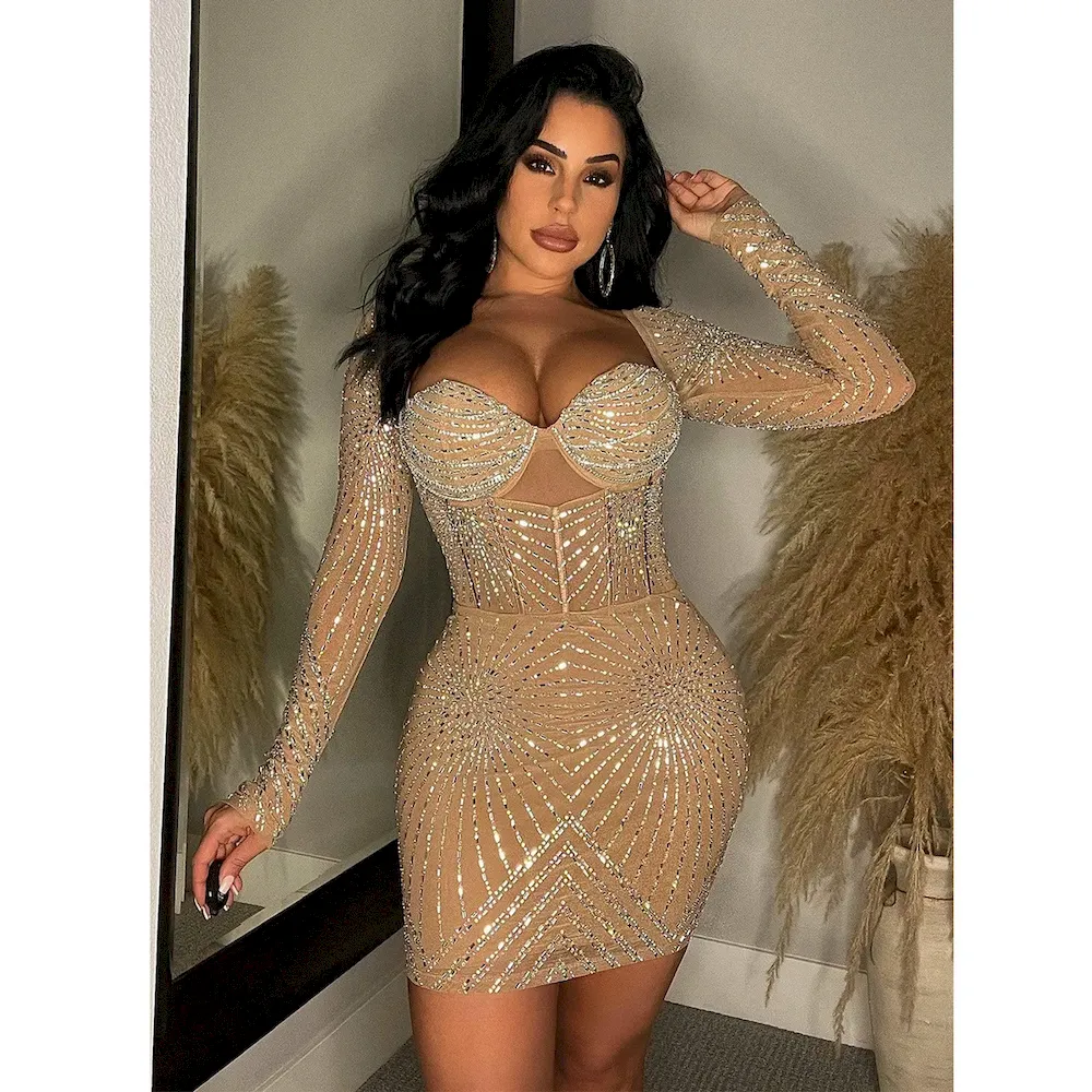 Fashion Women Solid Color Mesh Rhinestone Long Sleeve Party Mini Dress - Image 4