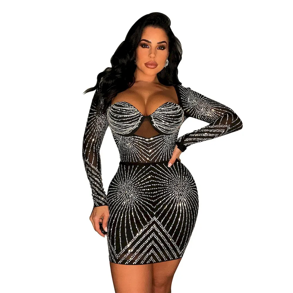 Fashion Women Solid Color Mesh Rhinestone Long Sleeve Party Mini Dress - Image 6