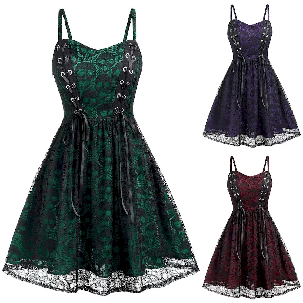 Women Vintage Gothic Lace Skull Print Strap Sling Dress