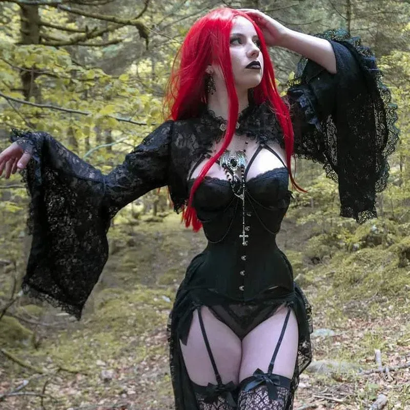 Summer Women Fashion Dark Gothic Lace Hollow Horn Sleeve Top - Image 4