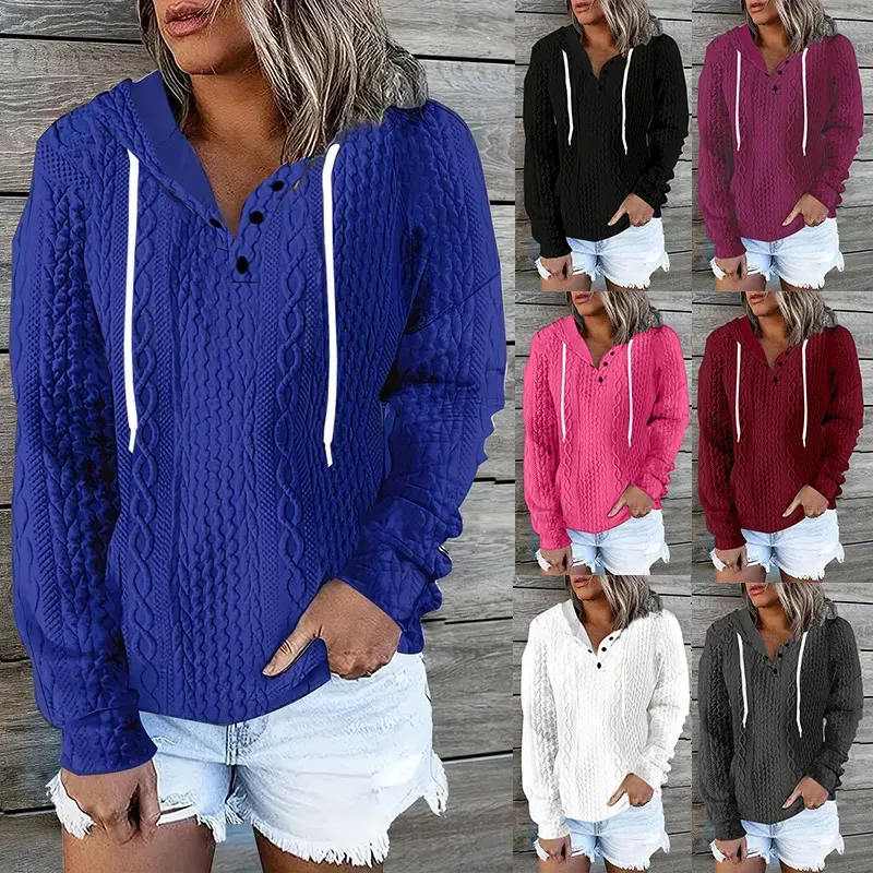 Women Fashion Casual V-Neck Drawstring Long Sleeve Knitted Jacquard Sweatshirt