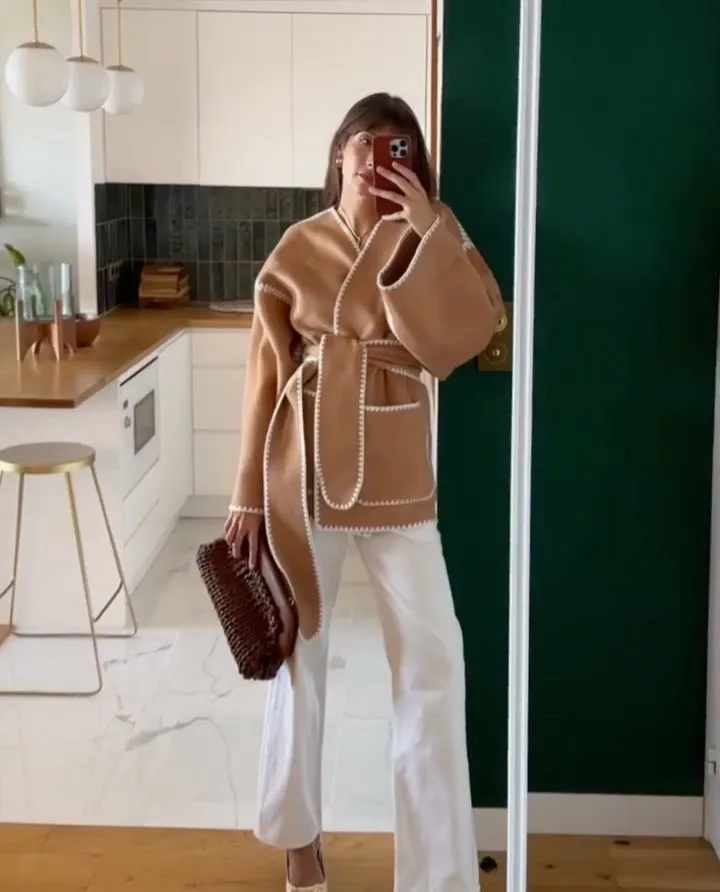 Autumn Winter Women Fashion V-Neck Cardigan Lace-Up Long Sleeve Coat - Image 6