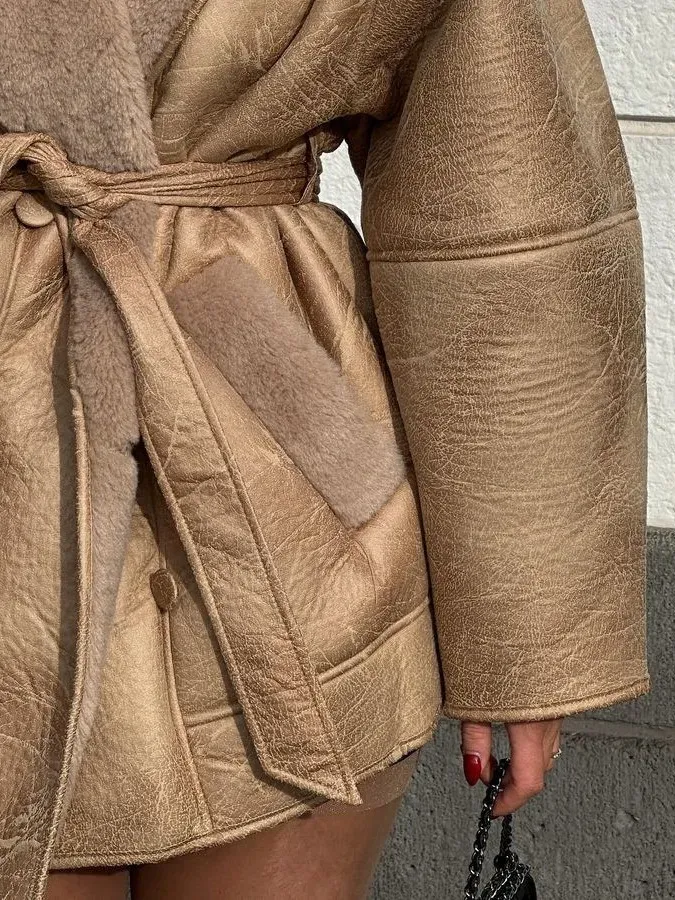 Autumn Winter Women Fashion Cashmere Leather Fur Collar Thickened Lace-Up Long Sleeve Jacket - Image 3