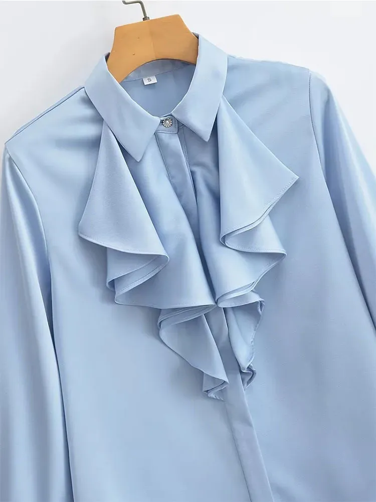 Women Elegant Summer Solid Lapel Ruffled Satin Long Sleeve Shirt Blouse - Image 4