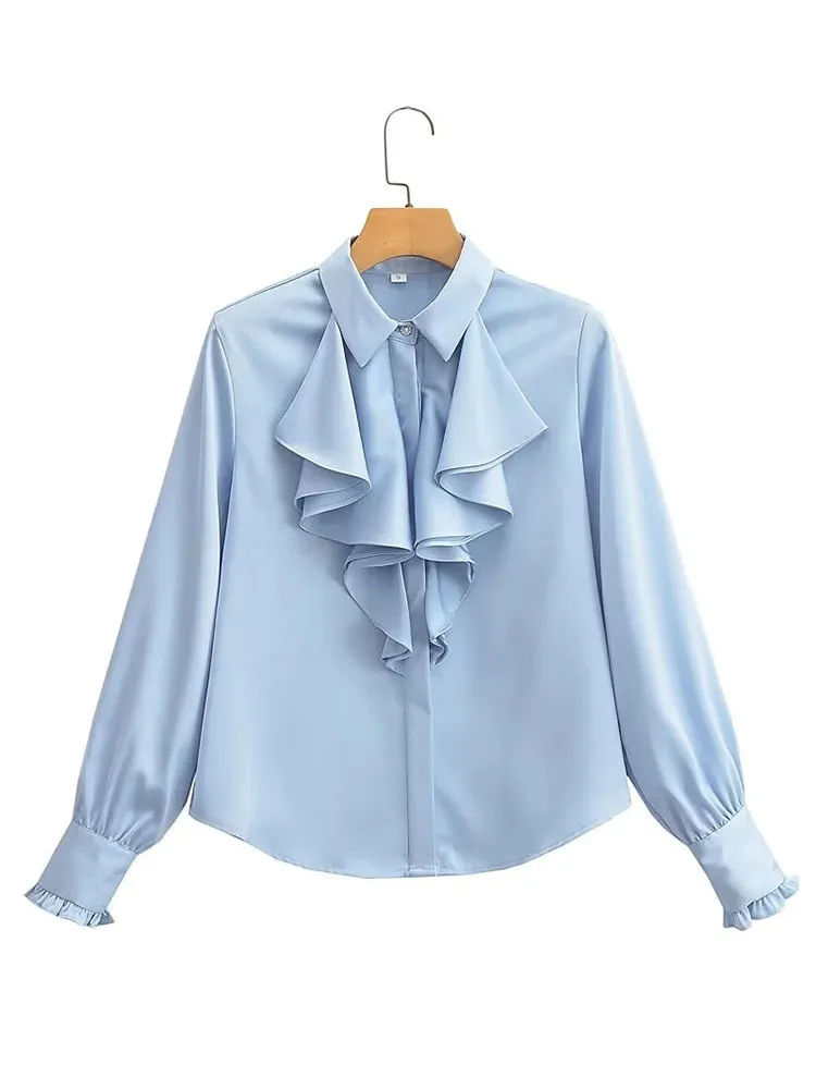 Women Elegant Summer Solid Lapel Ruffled Satin Long Sleeve Shirt Blouse - Image 6