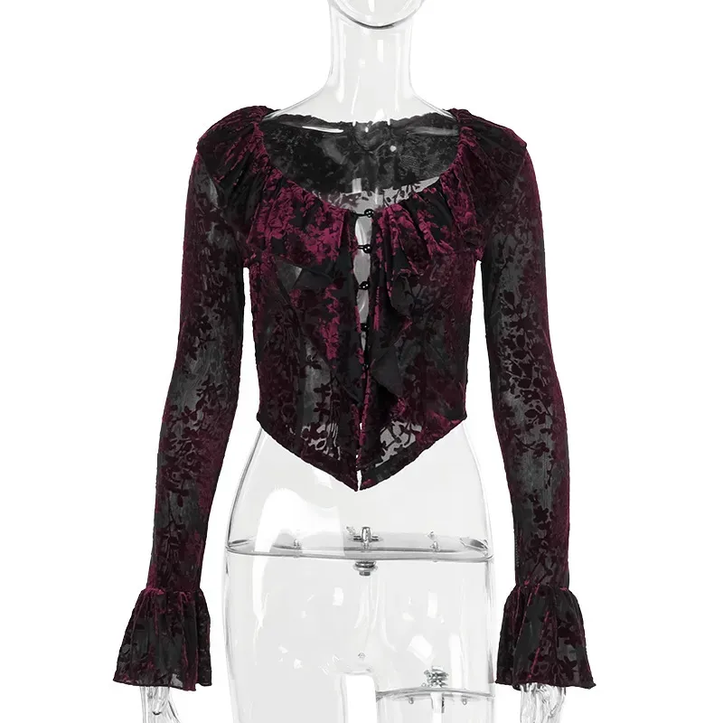 Summer Women Vintage Gothic V-Neck Floral Print Long Sleeve Top - Image 6