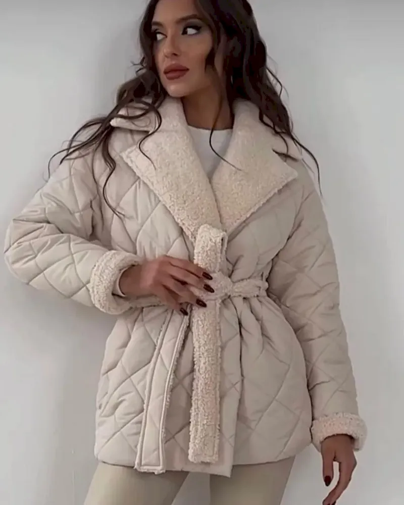 Autumn Winter Women Fashion Lapel Thickened Warm Lace-Up Long-Sleeved Cotton-Padded Coat - Image 6