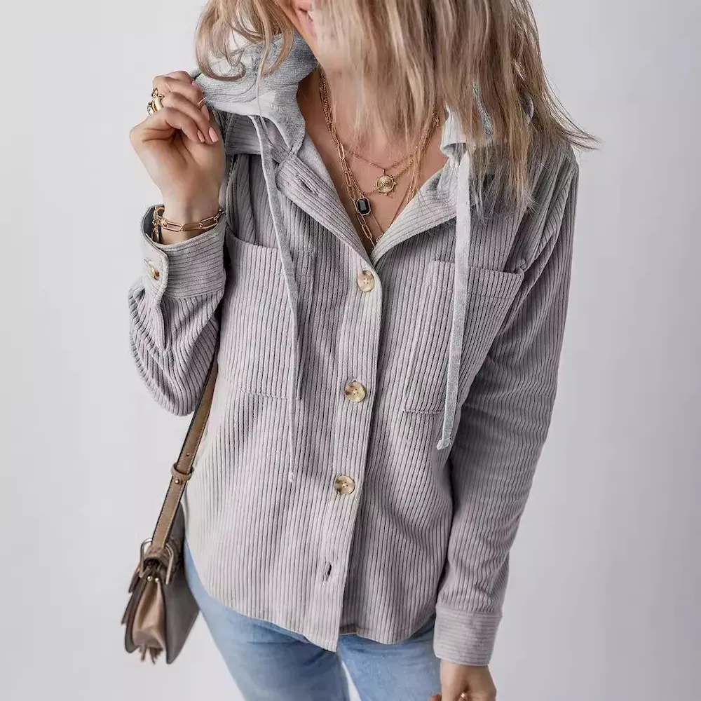 Autumn Winter Women Fashion Lapel Hooded Drawstring Stripe Long Sleeve Coat