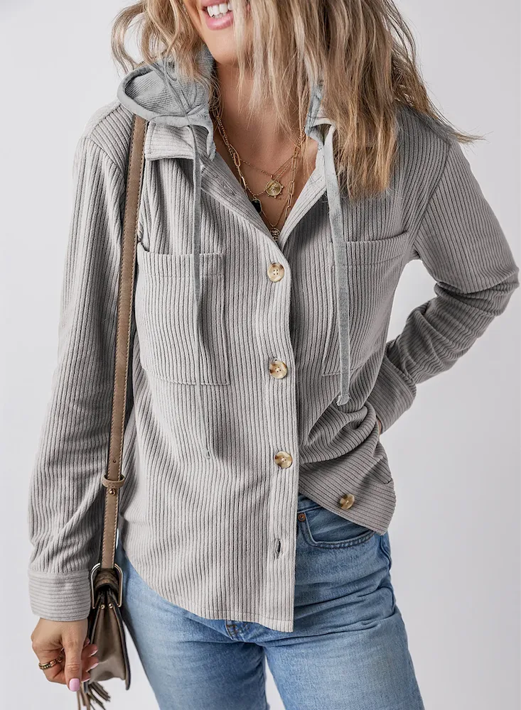 Autumn Winter Women Fashion Lapel Hooded Drawstring Stripe Long Sleeve Coat - Image 4