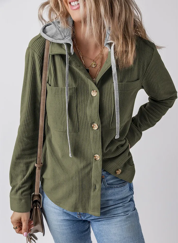 Autumn Winter Women Fashion Lapel Hooded Drawstring Stripe Long Sleeve Coat - Image 5
