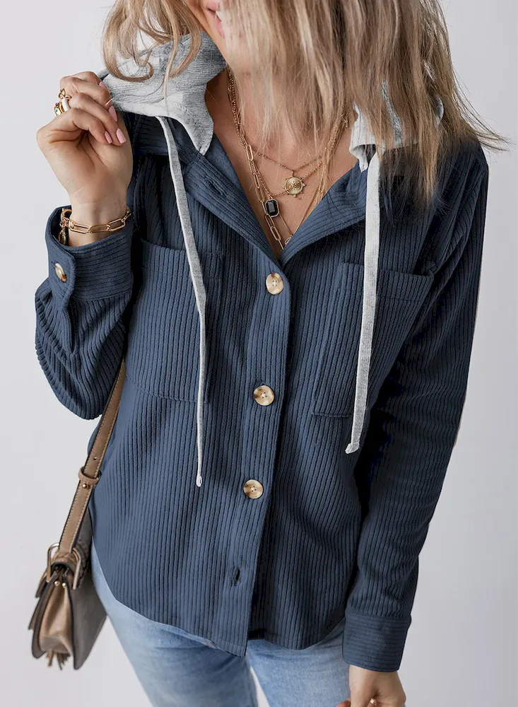 Autumn Winter Women Fashion Lapel Hooded Drawstring Stripe Long Sleeve Coat - Image 6