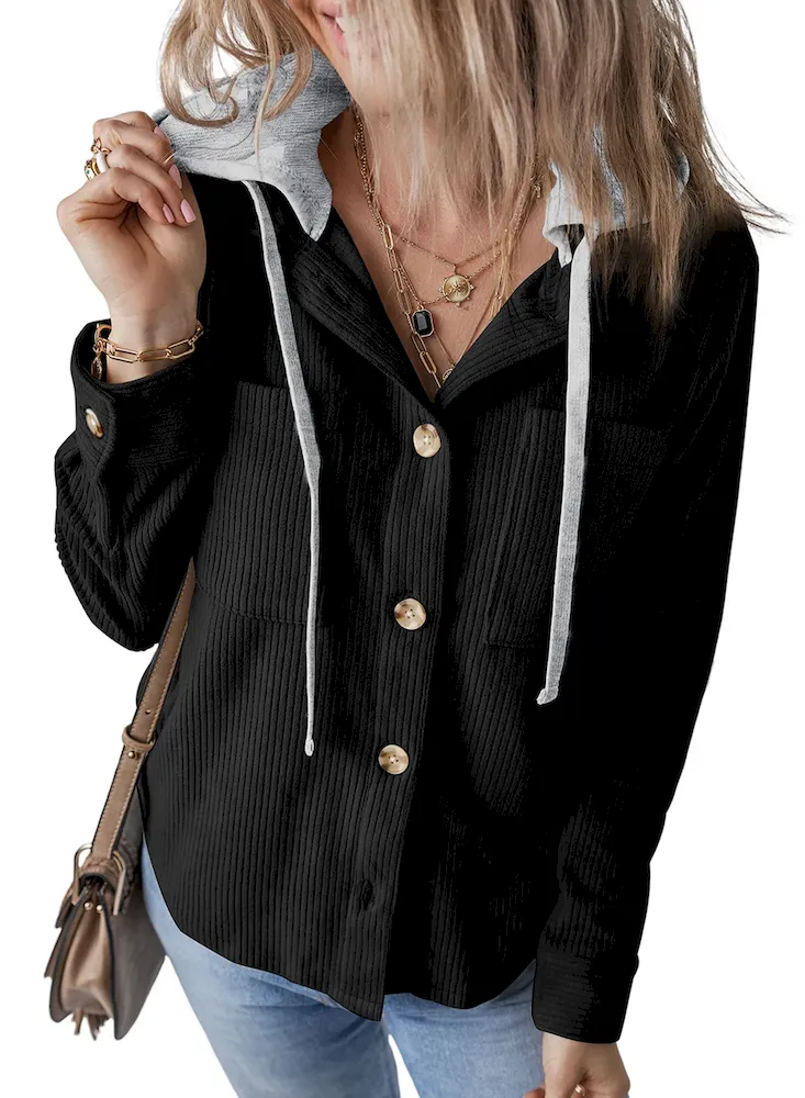 Autumn Winter Women Fashion Lapel Hooded Drawstring Stripe Long Sleeve Coat - Image 8
