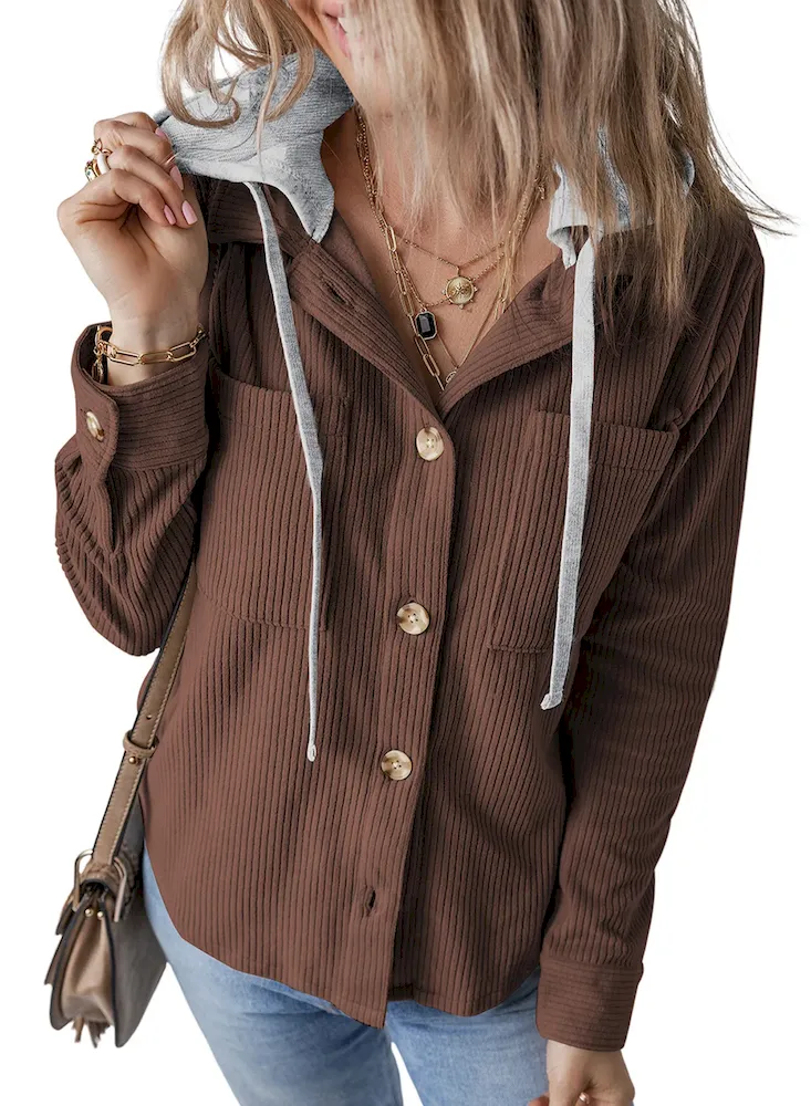 Autumn Winter Women Fashion Lapel Hooded Drawstring Stripe Long Sleeve Coat - Image 9