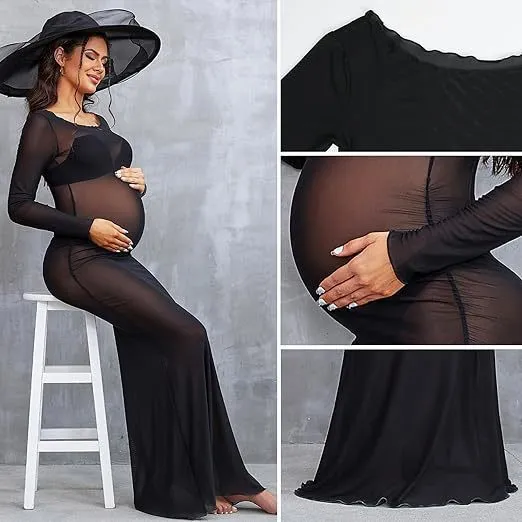 Pregnant Women Fashion Sexy High Stretch Mesh Perspective Round Neck Long Sleeve Dress - Image 3